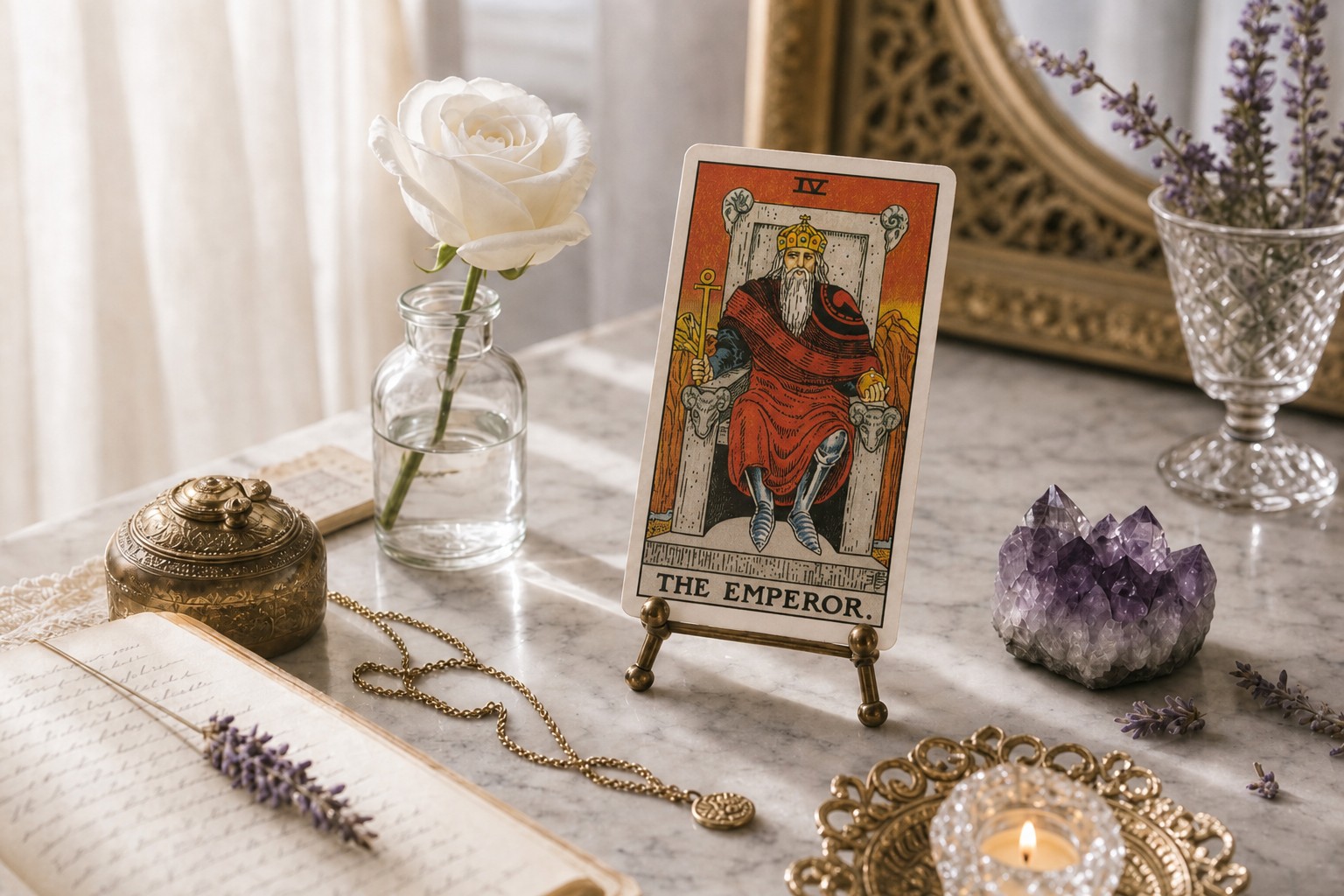 The Emperor tarot card upright on a brass stand on white marble, with a white rose, amethyst, lavender, open journal, and a lit tea light.