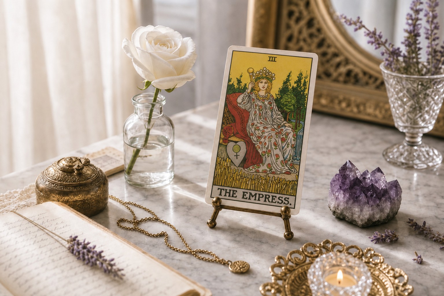 The Empress tarot card upright on a brass stand on white marble, with a white rose, amethyst, lavender, open journal, and a lit tea light.