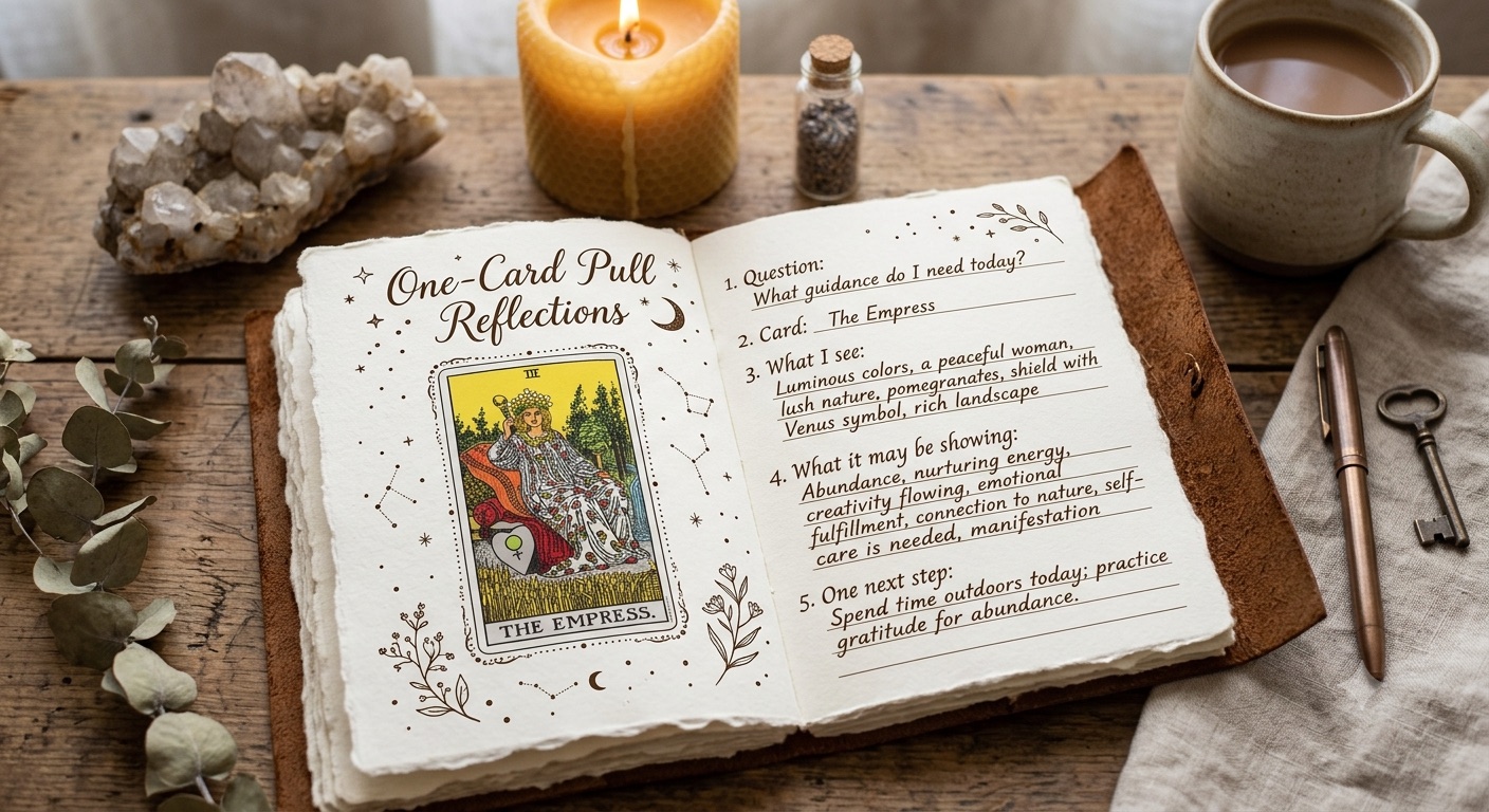 An open one-card tarot reflection journal with The Empress card, handwritten notes, a candle, crystals, and tea on a wooden table.