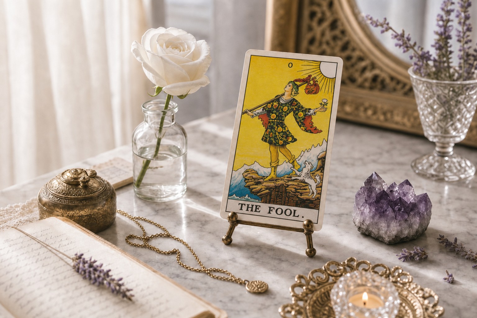 The Fool tarot card upright on a brass stand on white marble, with a white rose, amethyst, lavender, open journal, and a lit tea light.