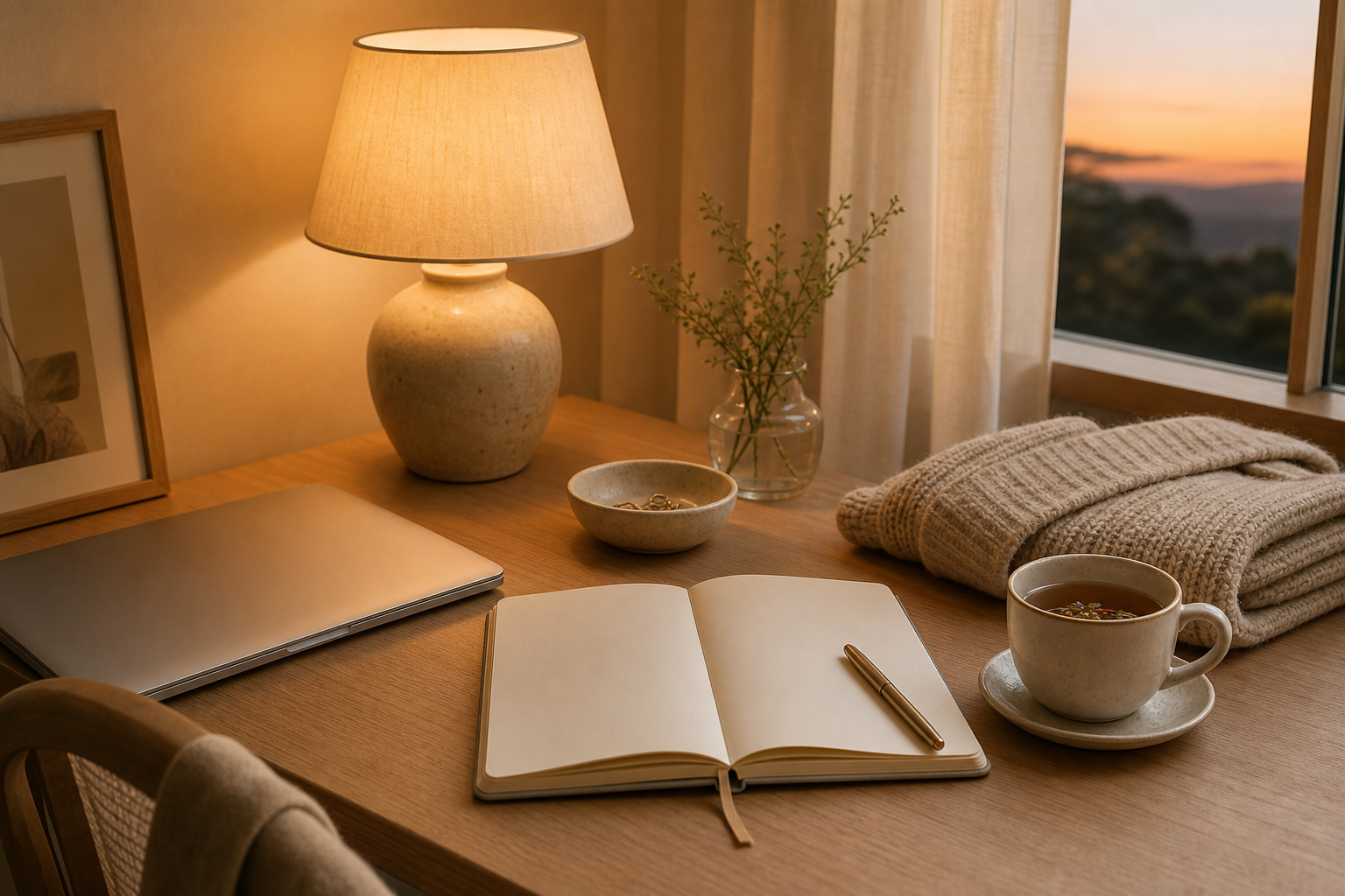 A warm evening writing desk with a ceramic lamp, open blank notebook, closed laptop, folded knit textile, small bowl, and cup of tea.