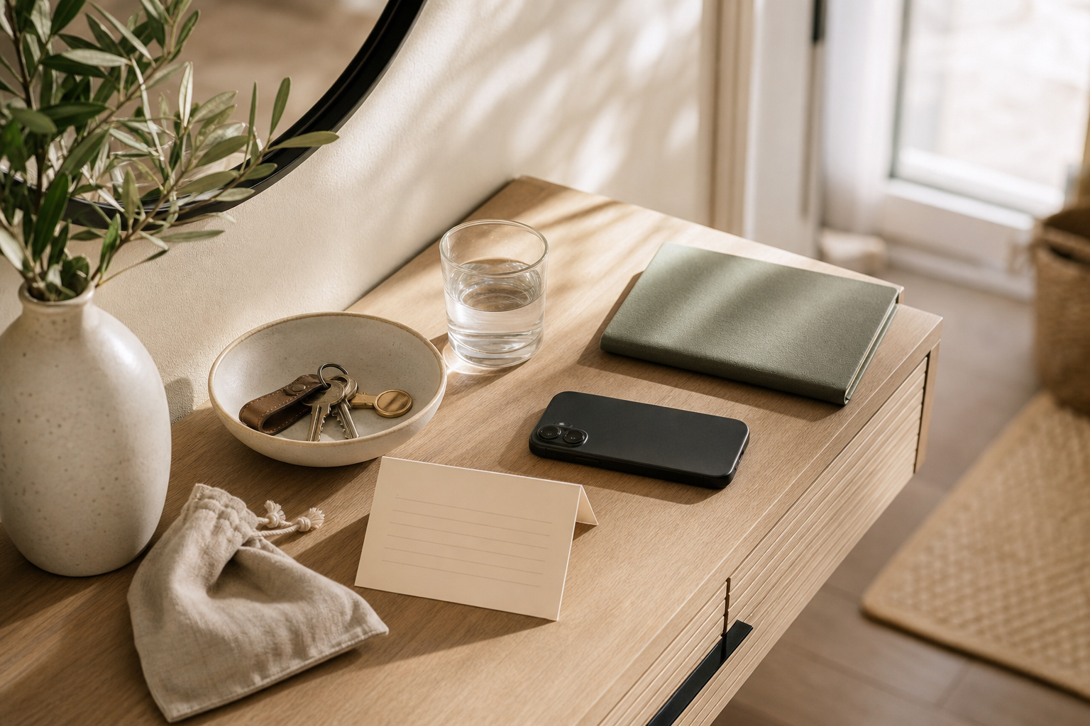 A calm entry console with keys in a ceramic bowl, a face-down phone, a folded note card, a glass of water, and a sage notebook in warm natural light.