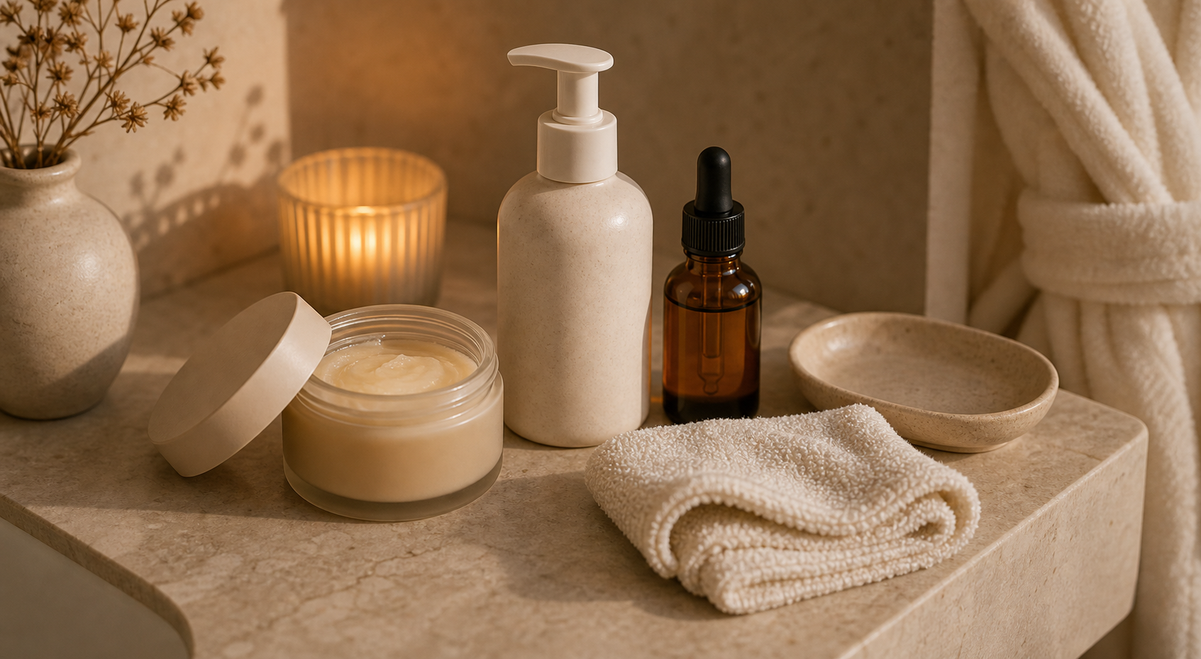 Warm bathroom counter with an unlabeled cleansing balm, gentle cleanser, amber body oil, folded washcloth, and ivory robe.