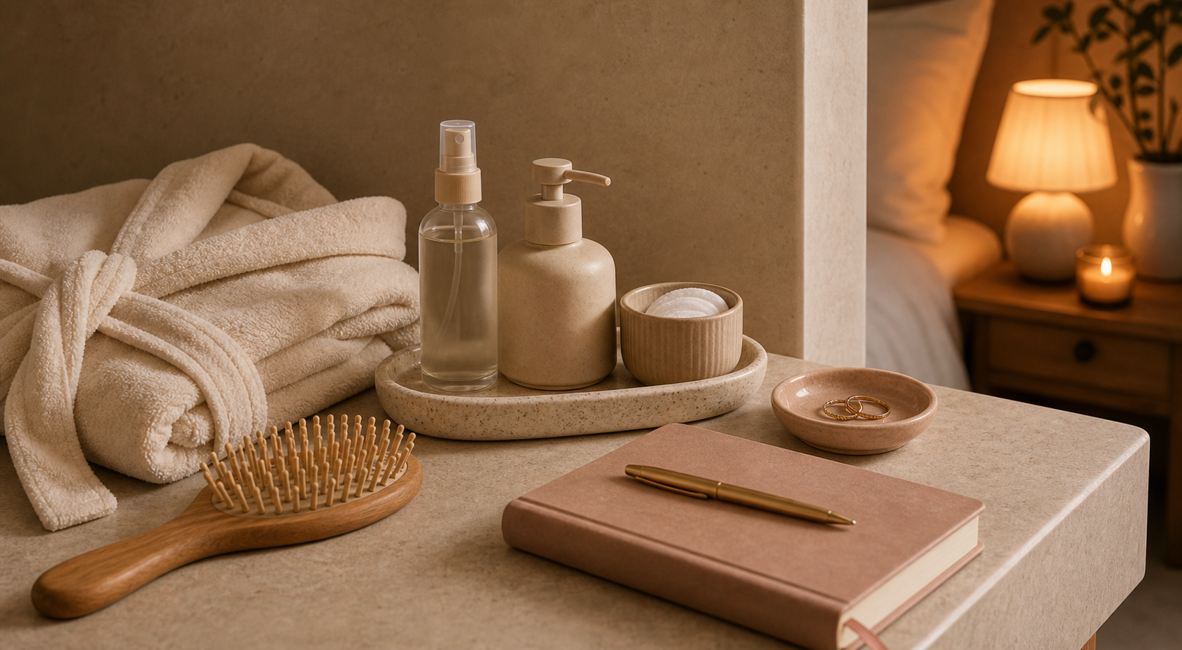 Warm bathroom-to-bedside ritual tools with a soft robe, organizer tray, body mist, brush, journal, and pen.