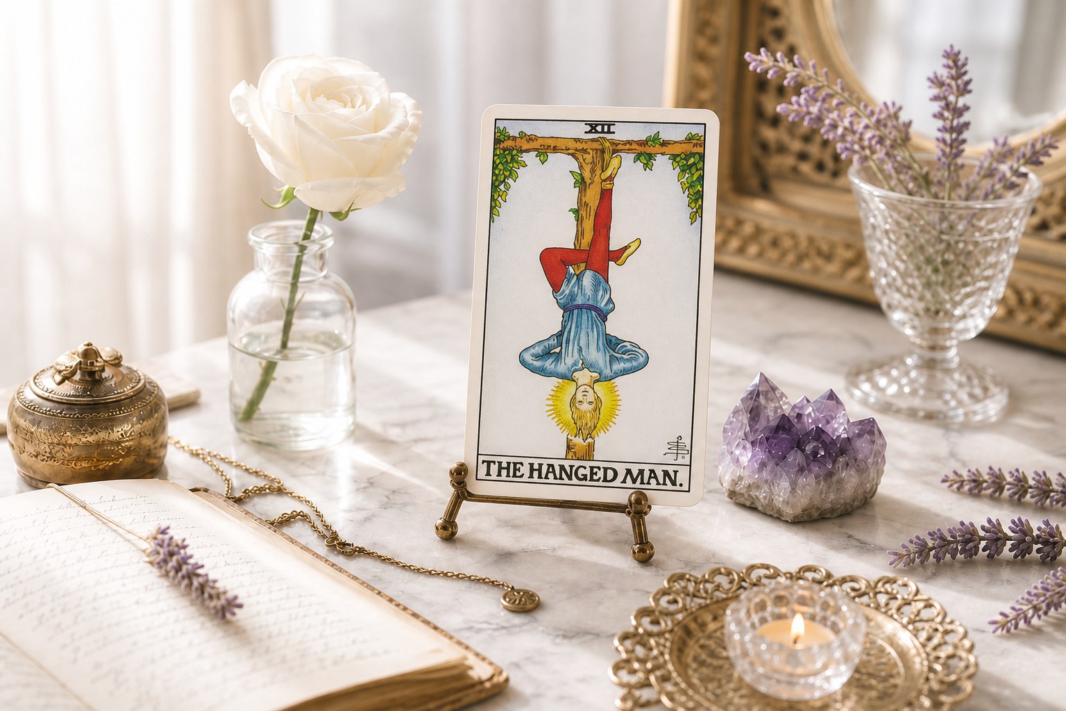 The Hanged Man tarot card upright on a brass stand on white marble, with a white rose, amethyst, lavender, open journal, and a lit tea light.