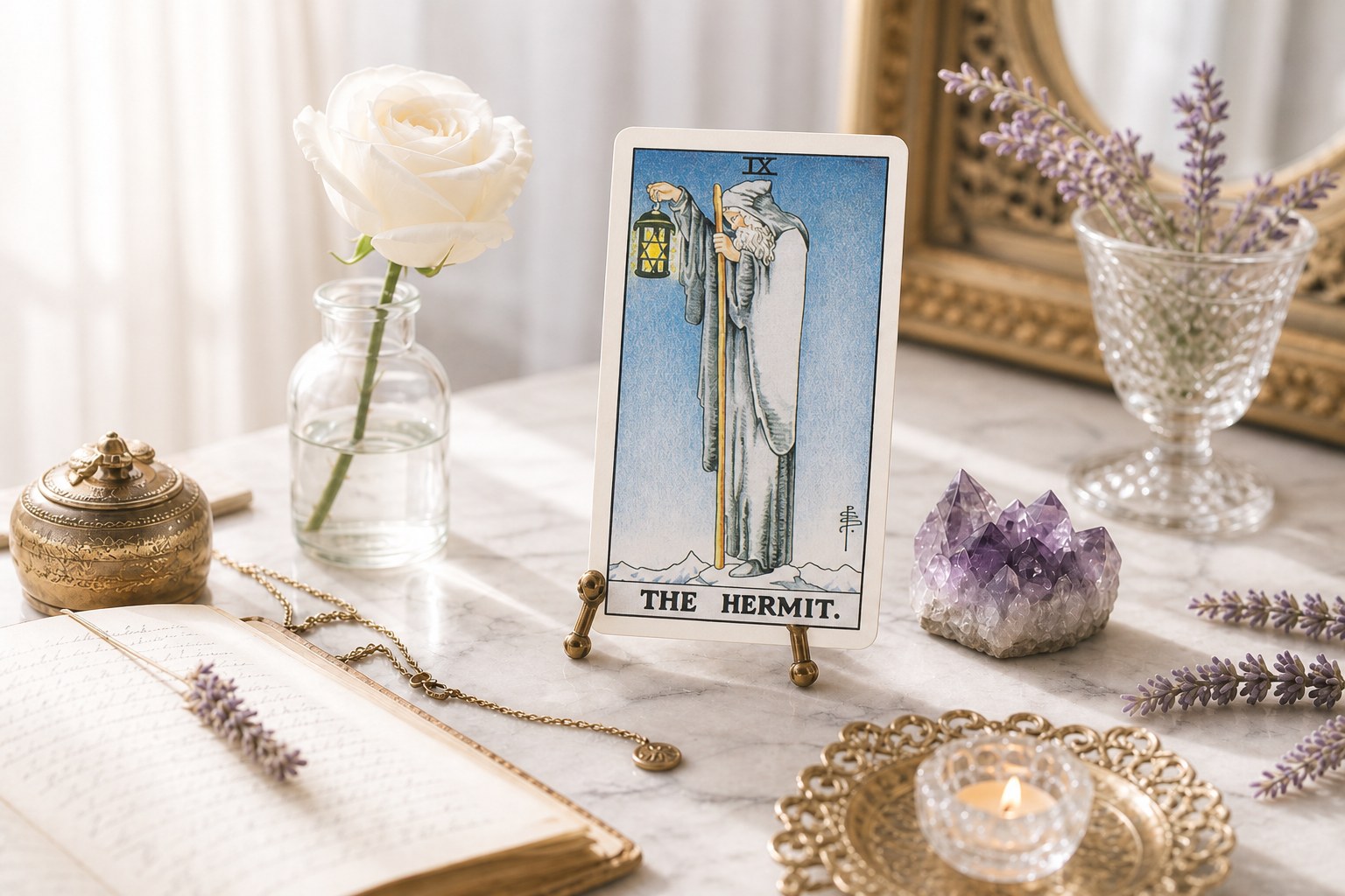 The Hermit tarot card upright on a brass stand on white marble, with a white rose, amethyst, lavender, open journal, and a lit tea light.