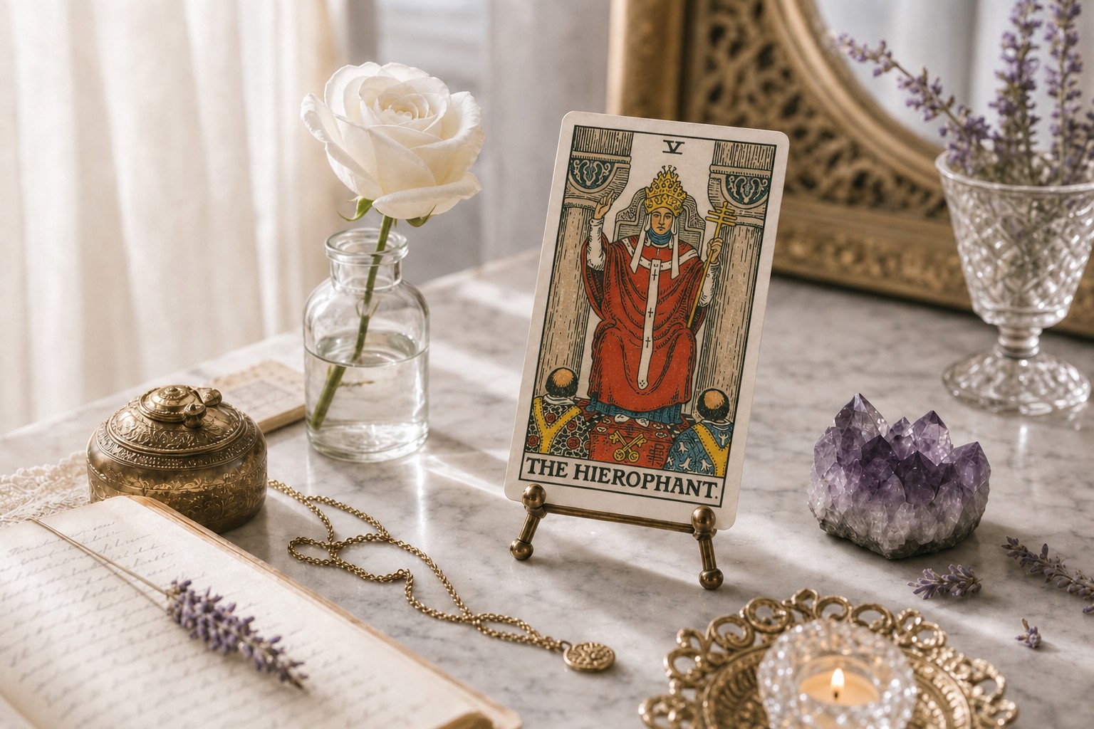 The Hierophant tarot card upright on a brass stand on white marble, with a white rose, amethyst, lavender, open journal, and a lit tea light.