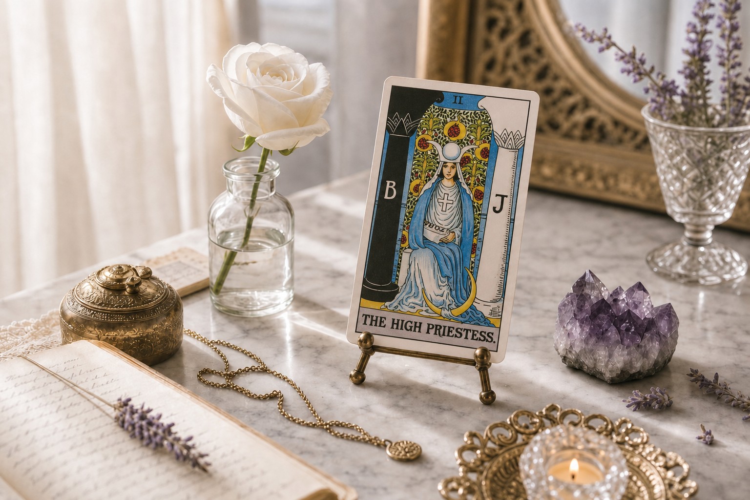 The High Priestess tarot card upright on a brass stand on white marble, with a white rose, amethyst, lavender, open journal, and a lit tea light.