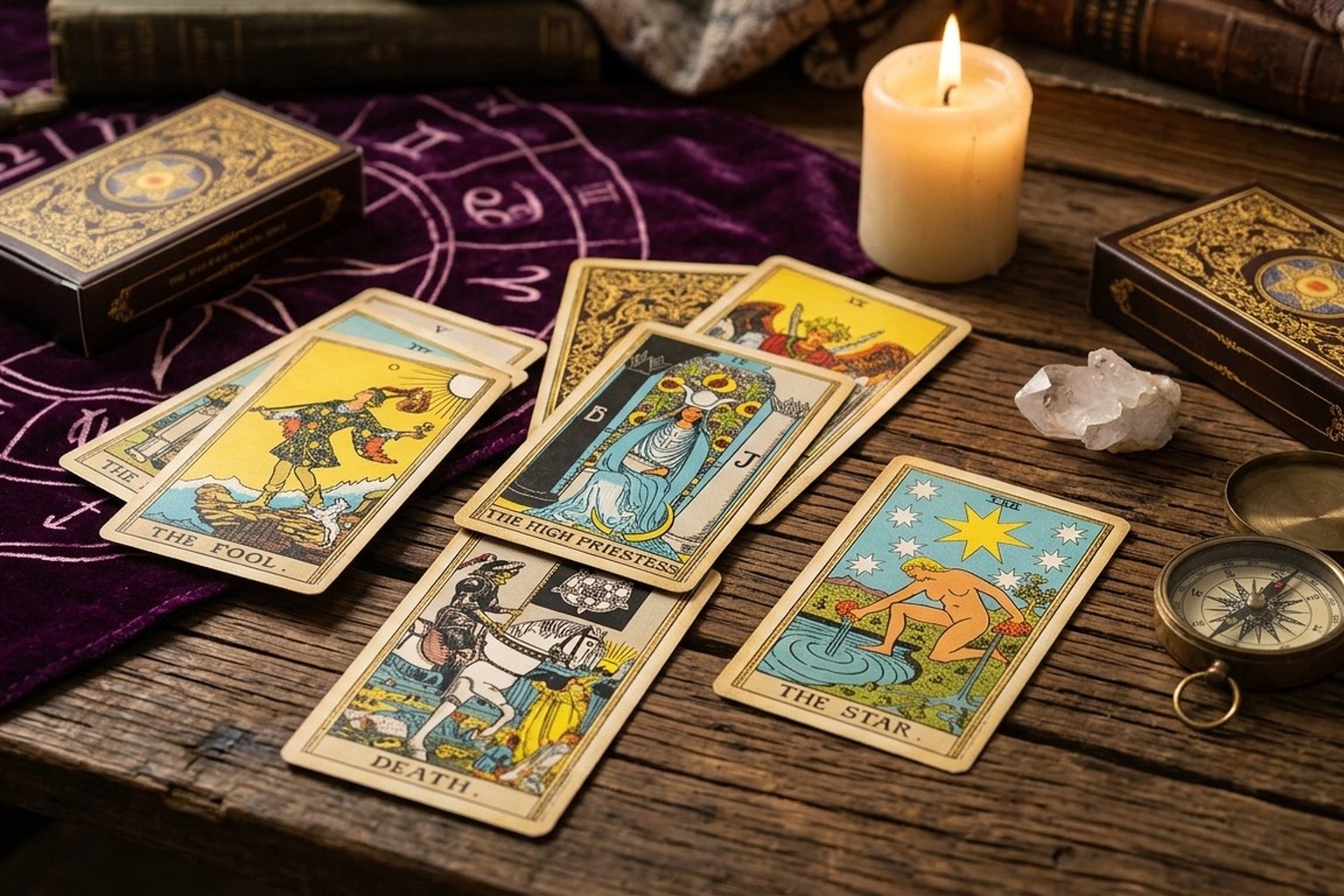 Traditional tarot cards, deck boxes, a candle, crystal, and compass on a dark wooden reading table.