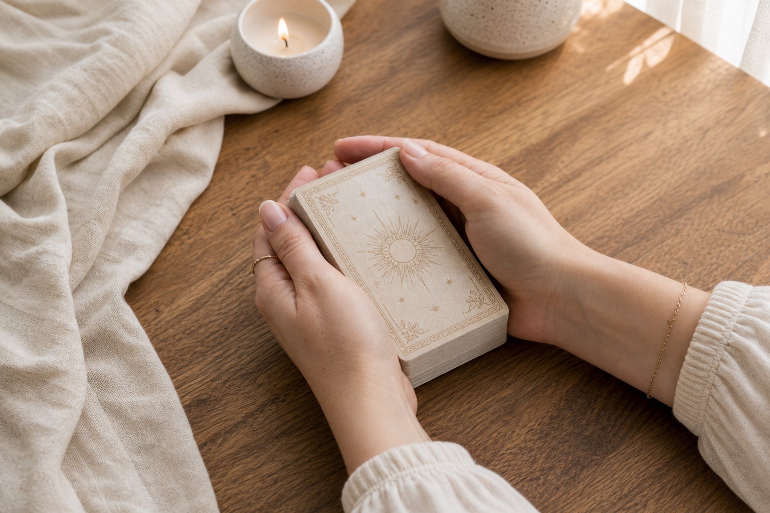 Hands with a thin gold ring and bracelet holding a closed tarot deck in a simple cleanse reset on a warm wooden table.