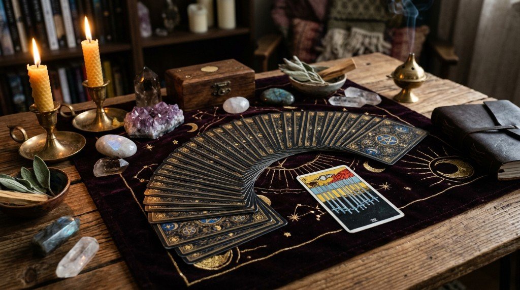 A wide fan of facedown tarot backs on purple cloth with one card turned face-up in reverse orientation beside candlelight and crystals.