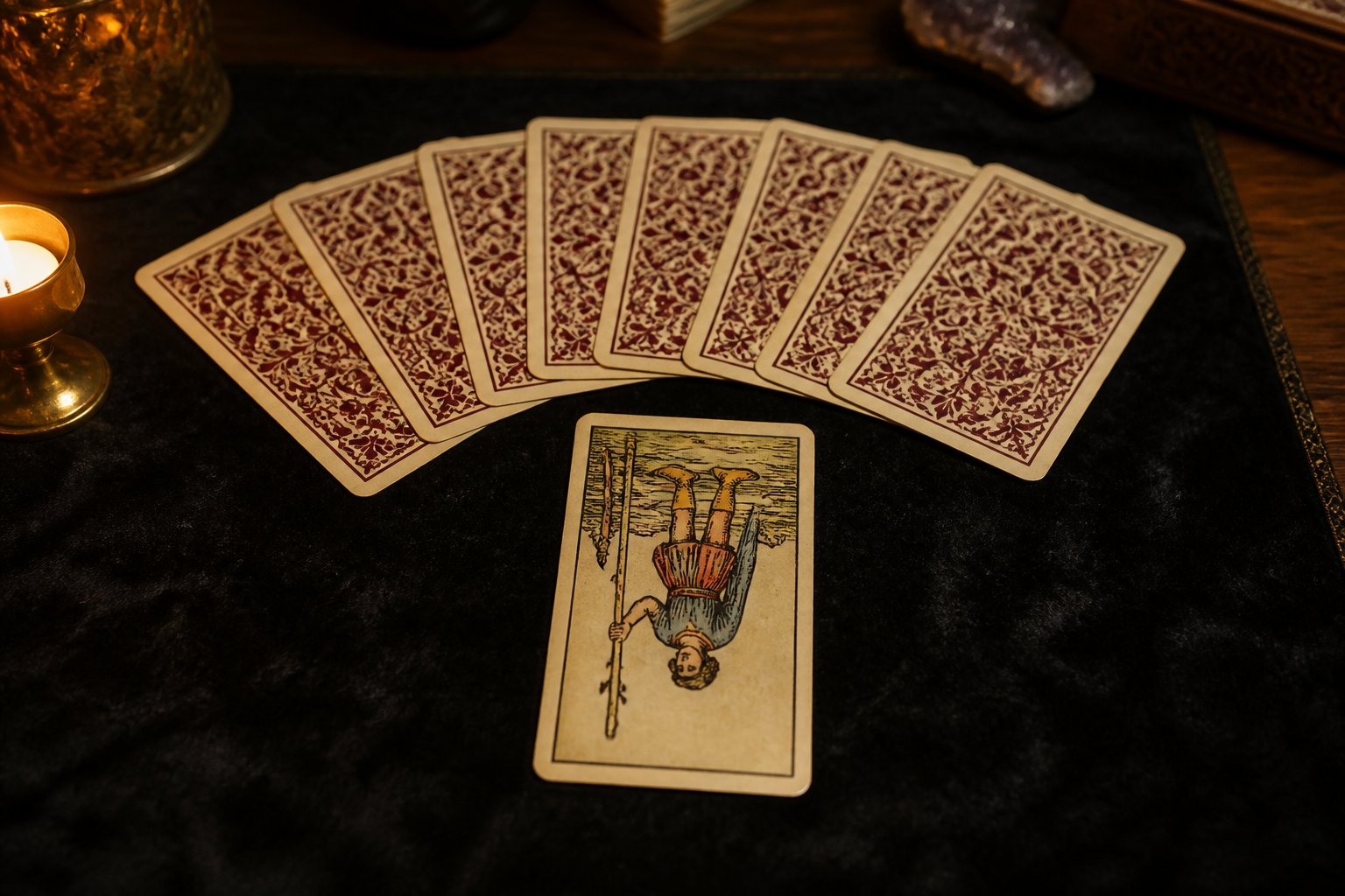 A fan of facedown tarot backs on dark cloth with one card turned face-up in reverse orientation.