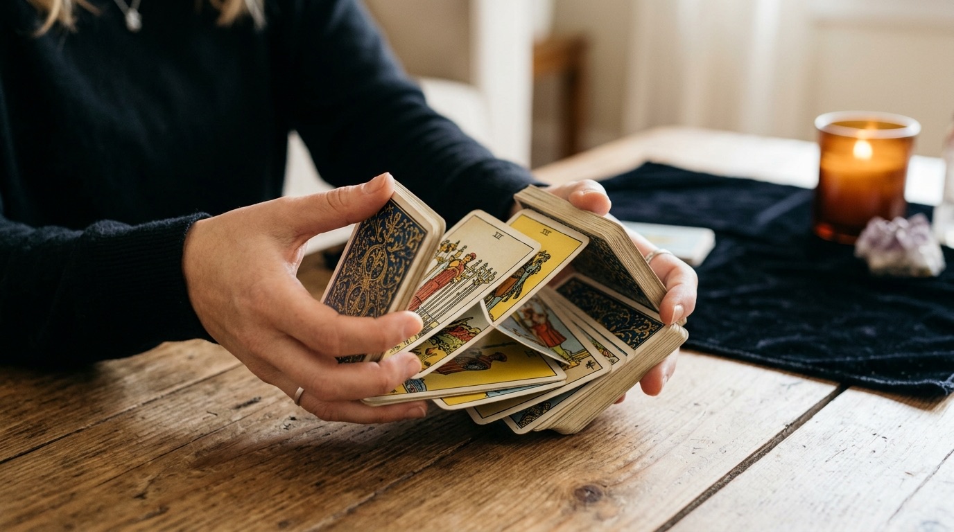 Hands gently shuffling tarot cards on a wooden table with candlelight and a dark cloth nearby.