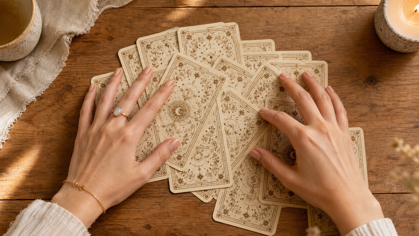 Overhead view of hands with a gemstone ring and bracelet gently spreading face-down tarot cards with clear ornate patterned backs across a warm wood table.