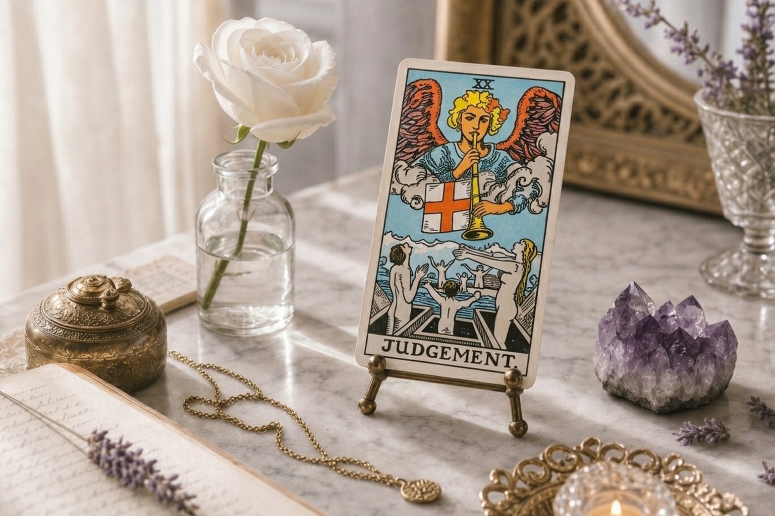 Judgement tarot card upright on a brass stand on white marble, with a white rose, amethyst, lavender, open journal, and a lit tea light.