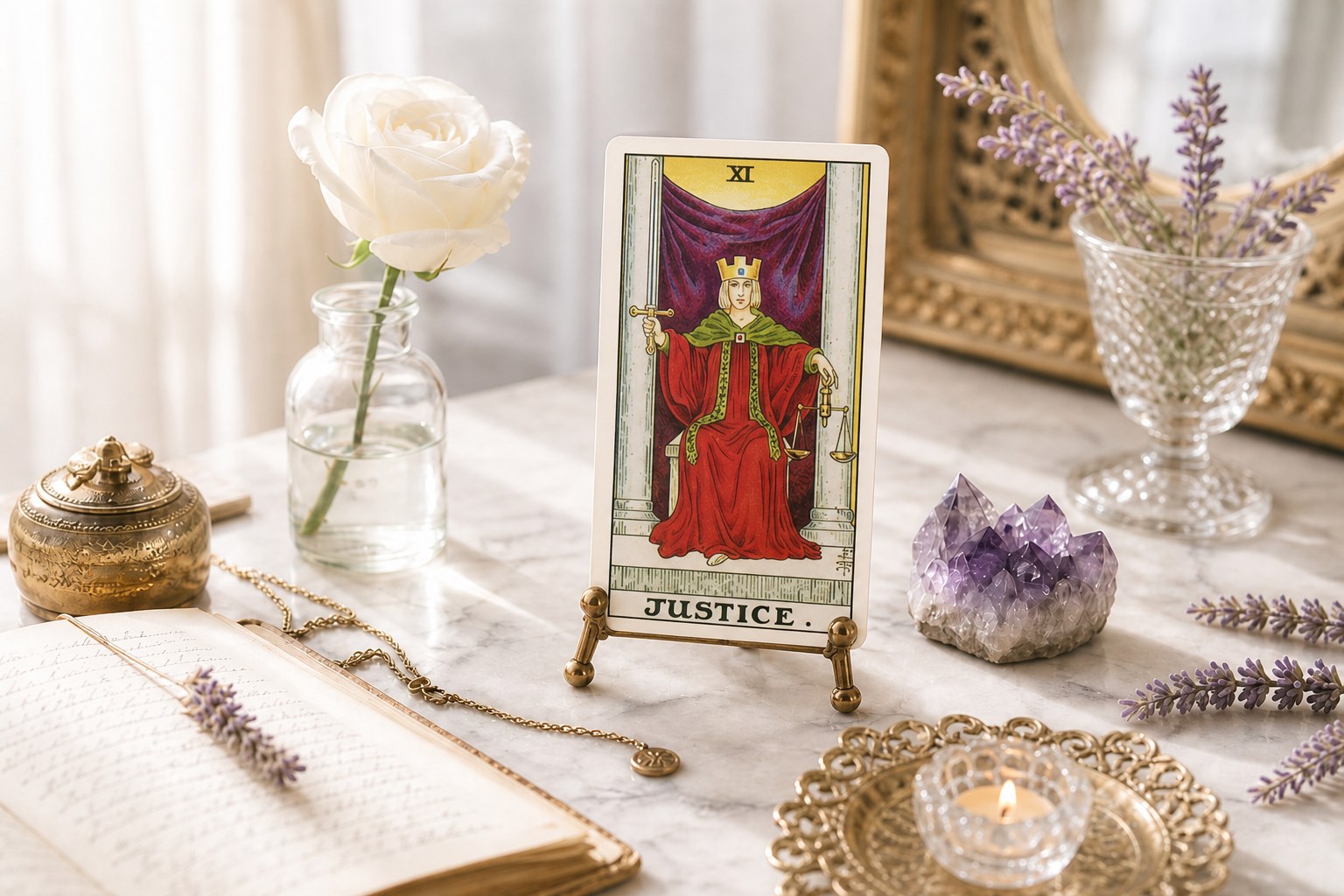 The Justice tarot card upright on a brass stand on white marble, with a white rose, amethyst, lavender, open journal, and a lit tea light.