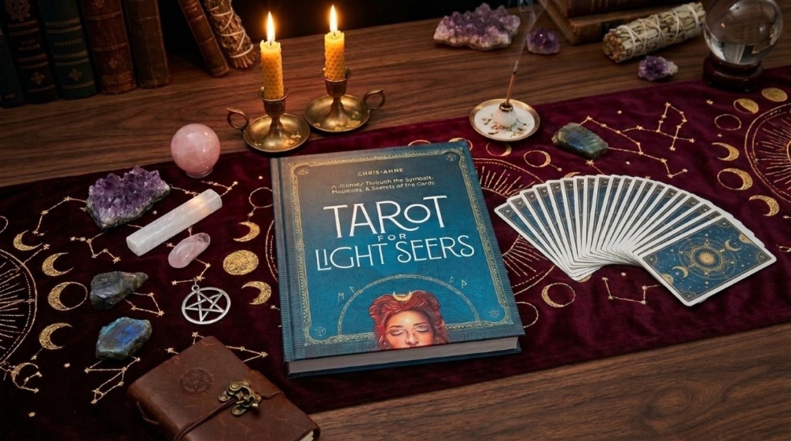 Tarot for Light Seers on a reader's desk with candles, crystals, and a fanned deck.