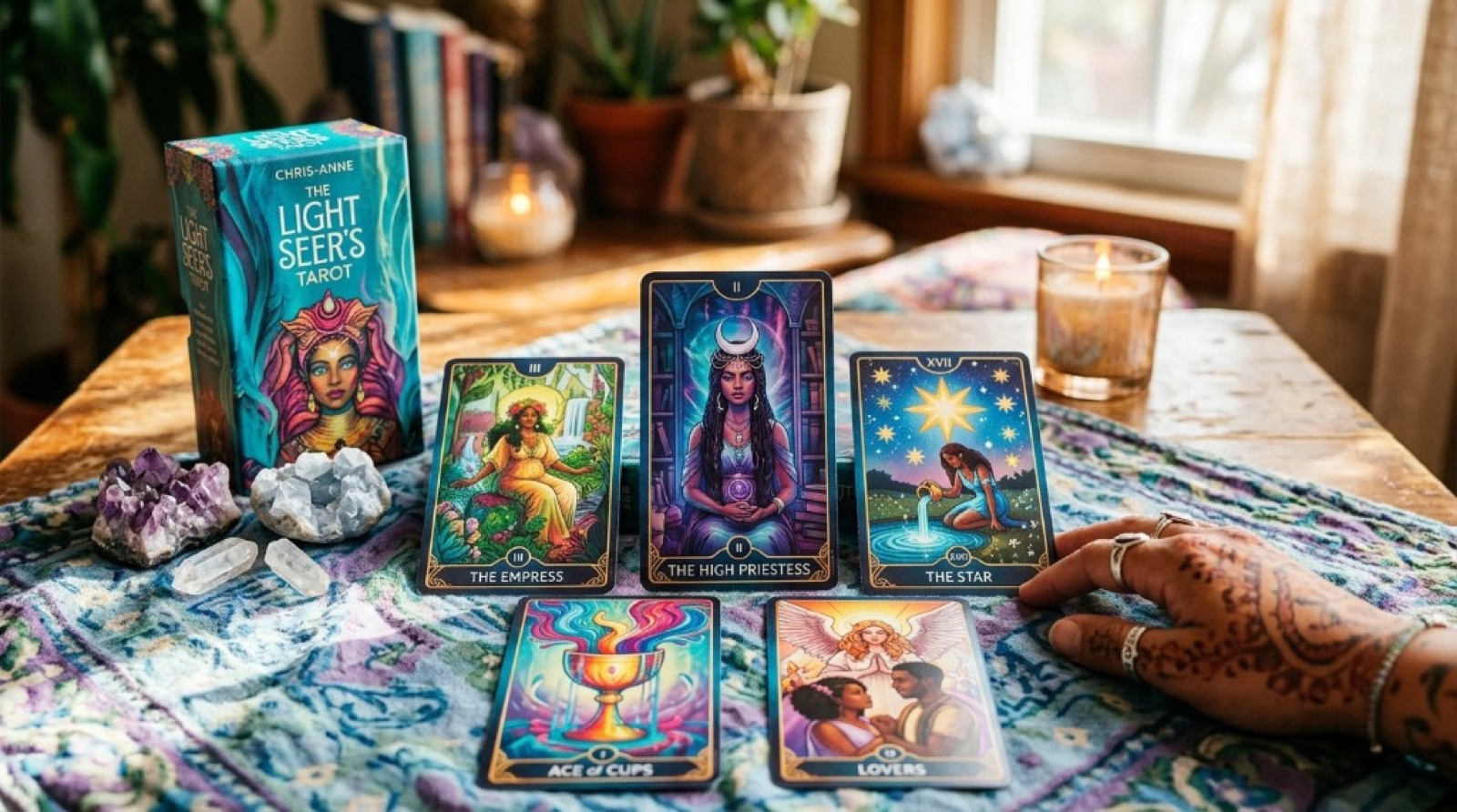 The Light Seer's Tarot box and cards arranged on a patterned cloth with crystals, candlelight, and a reader's hand nearby.