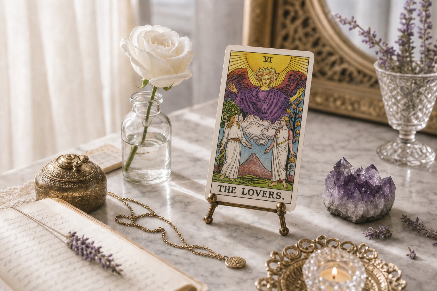 The Lovers tarot card upright on a brass stand on white marble, with a white rose, amethyst, lavender, open journal, and a lit tea light.