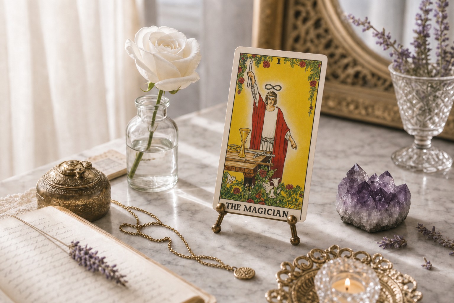 The Magician tarot card upright on a brass stand on white marble, with a white rose, amethyst, lavender, open journal, and a lit tea light.