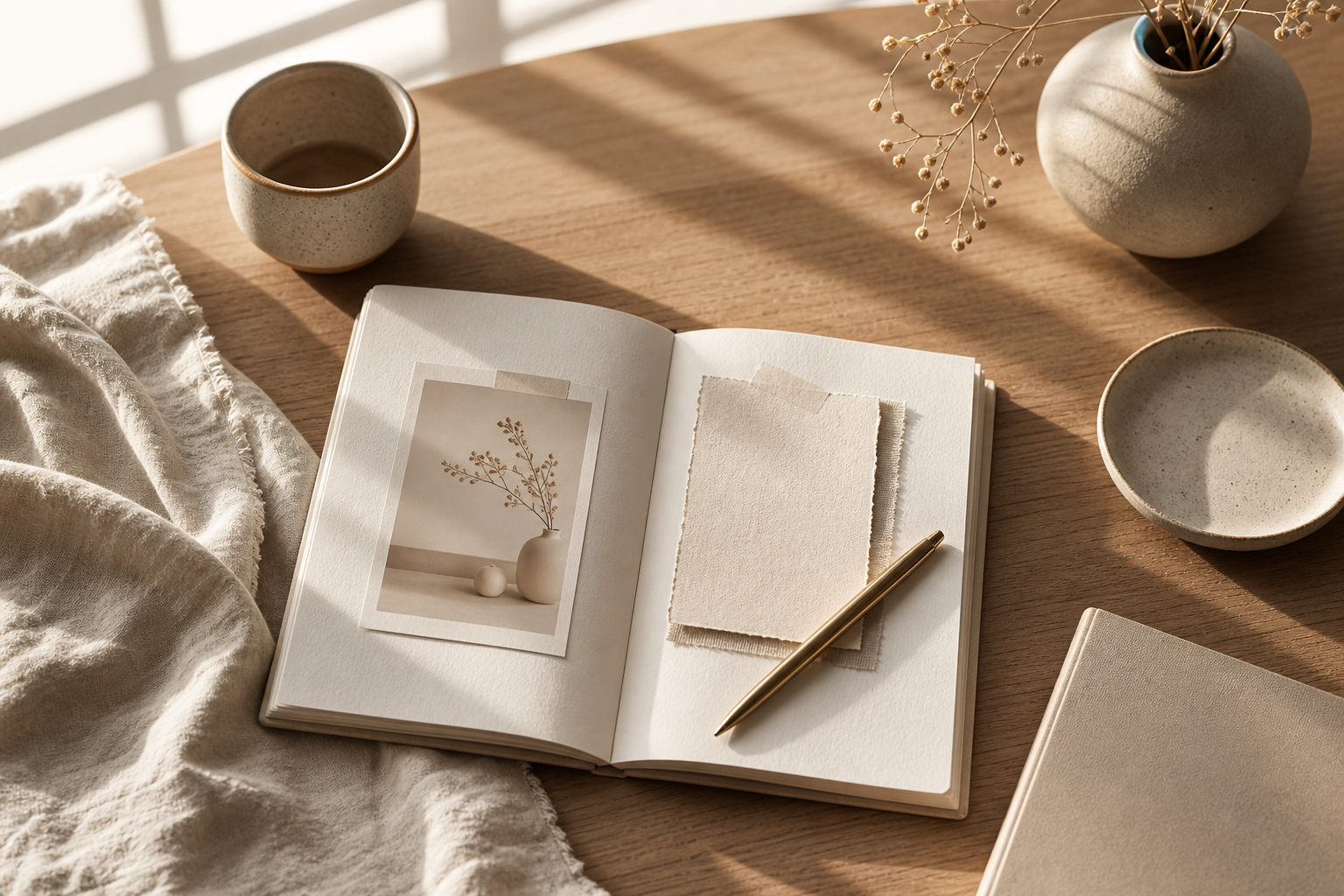 An open journal and warm paper textures for intention setting and manifestation planning.