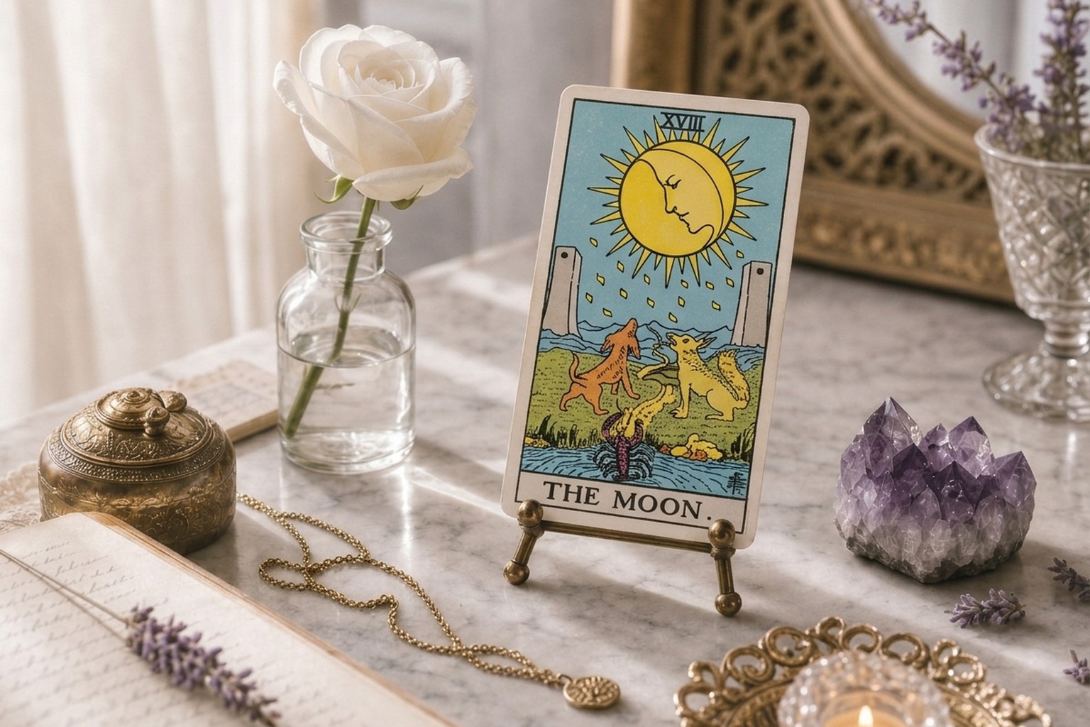 The Moon tarot card upright on a brass stand on white marble, with a white rose, amethyst, lavender, open journal, and a lit tea light.