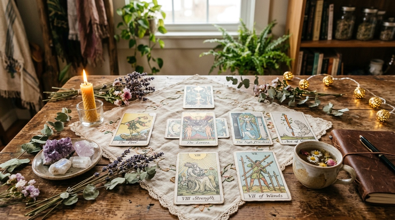 A candlelit tarot spread with crystals, flowers, tea, and a journal on a warm wooden table.