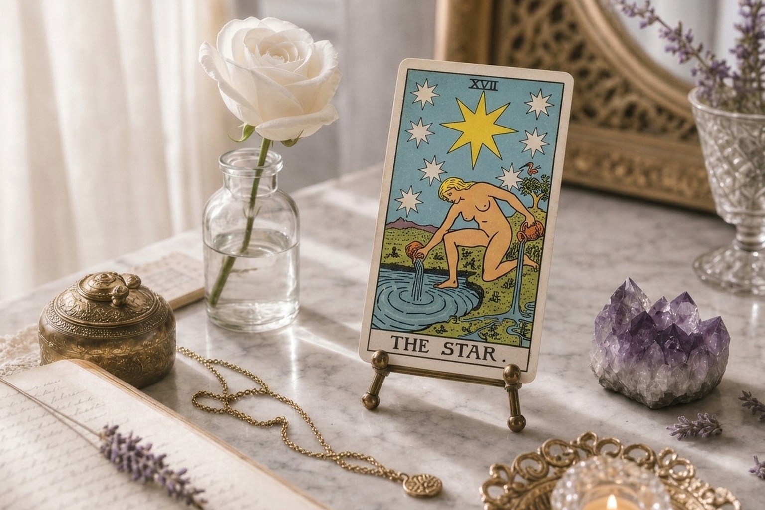 The Star tarot card upright on a brass stand on white marble, with a white rose, amethyst, lavender, open journal, and a lit tea light.