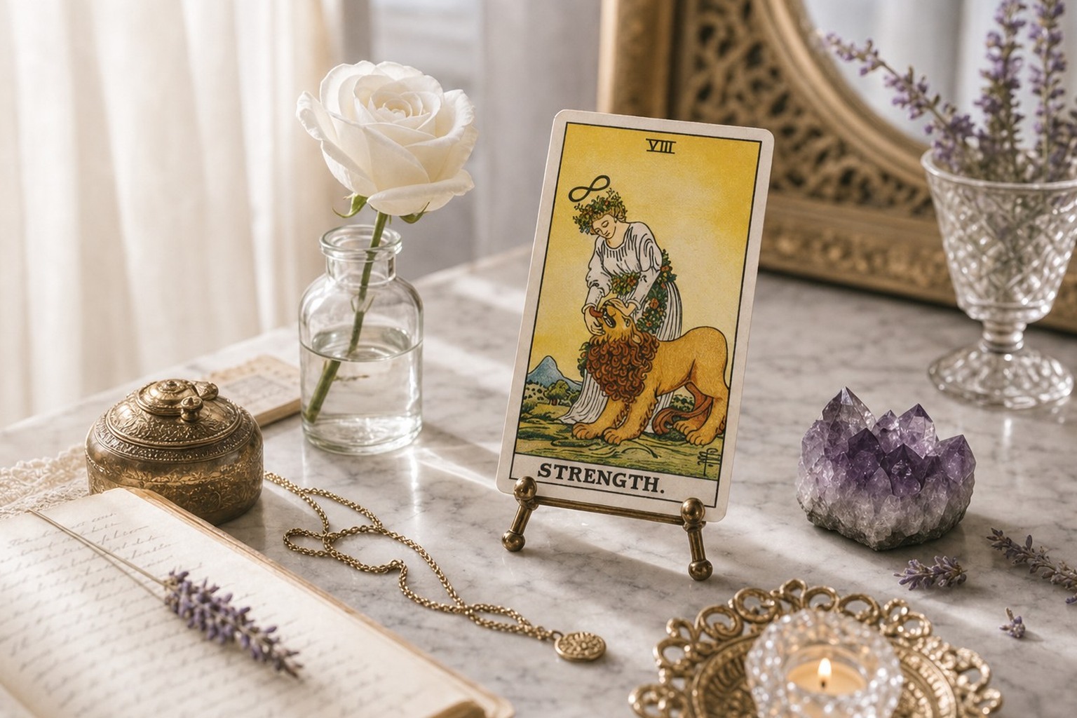 The Strength tarot card upright on a brass stand on white marble, with a white rose, amethyst, lavender, open journal, and a lit tea light.