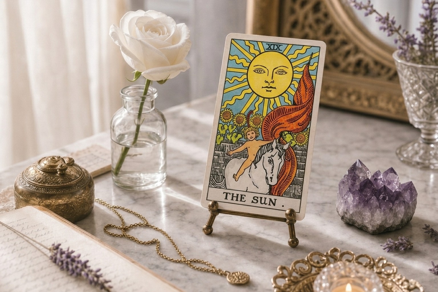 The Sun tarot card upright on a brass stand on white marble, with a white rose, amethyst, lavender, open journal, and a lit tea light.