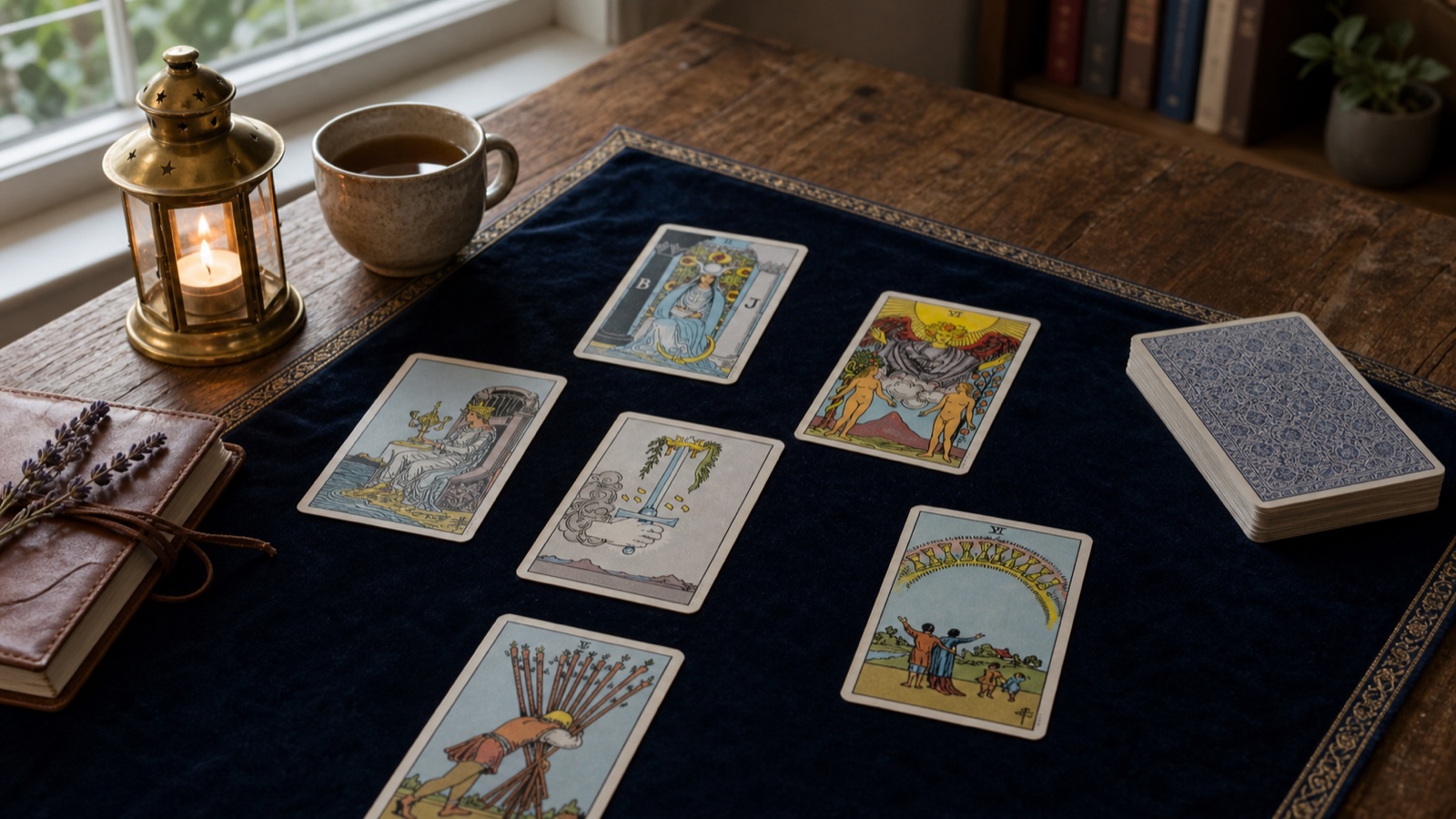 Tarot cards lying flat across a deep navy reading cloth on a warm wooden table beside a brass lantern and tea.