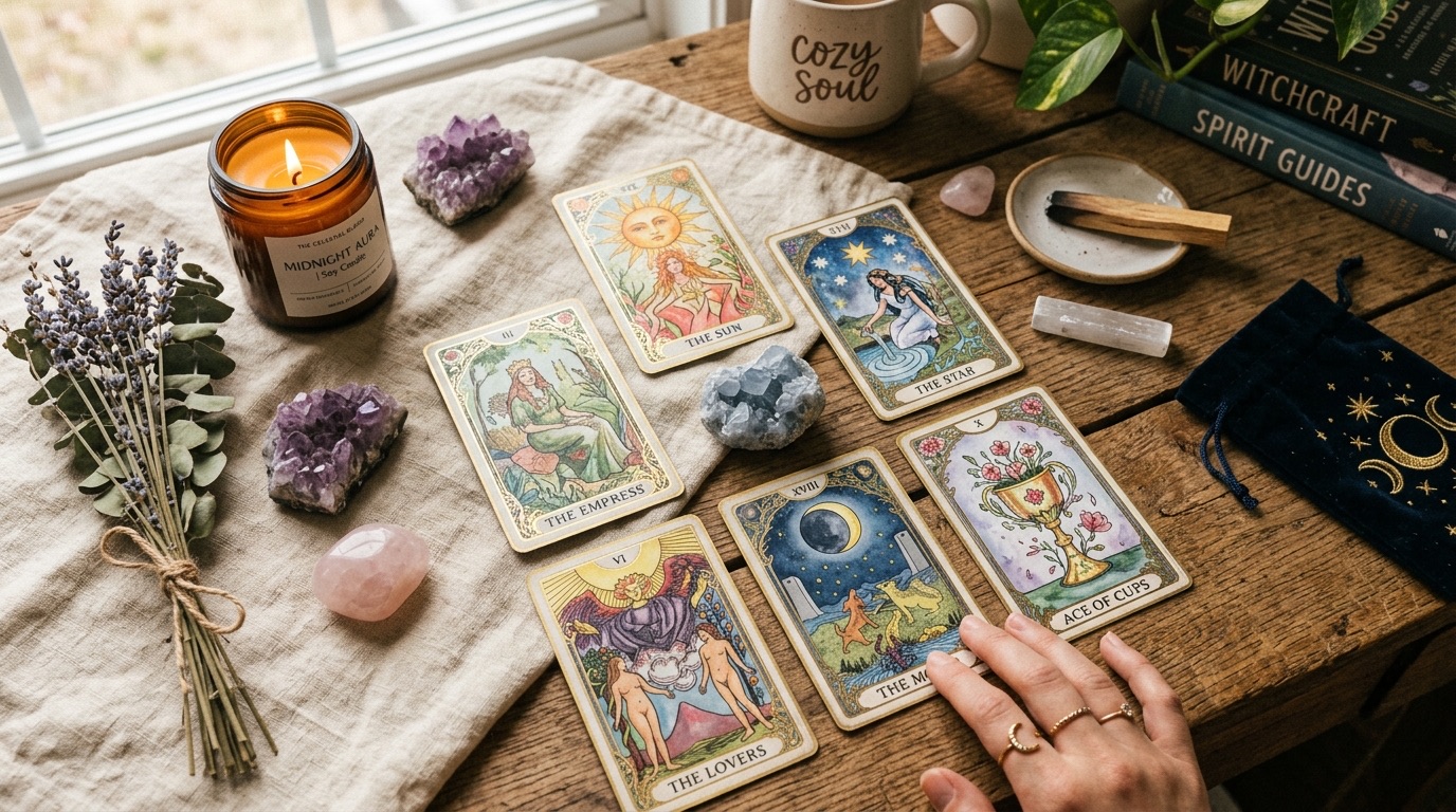 A hand beside a six-card tarot spread with crystals, lavender, candlelight, and ritual tools.