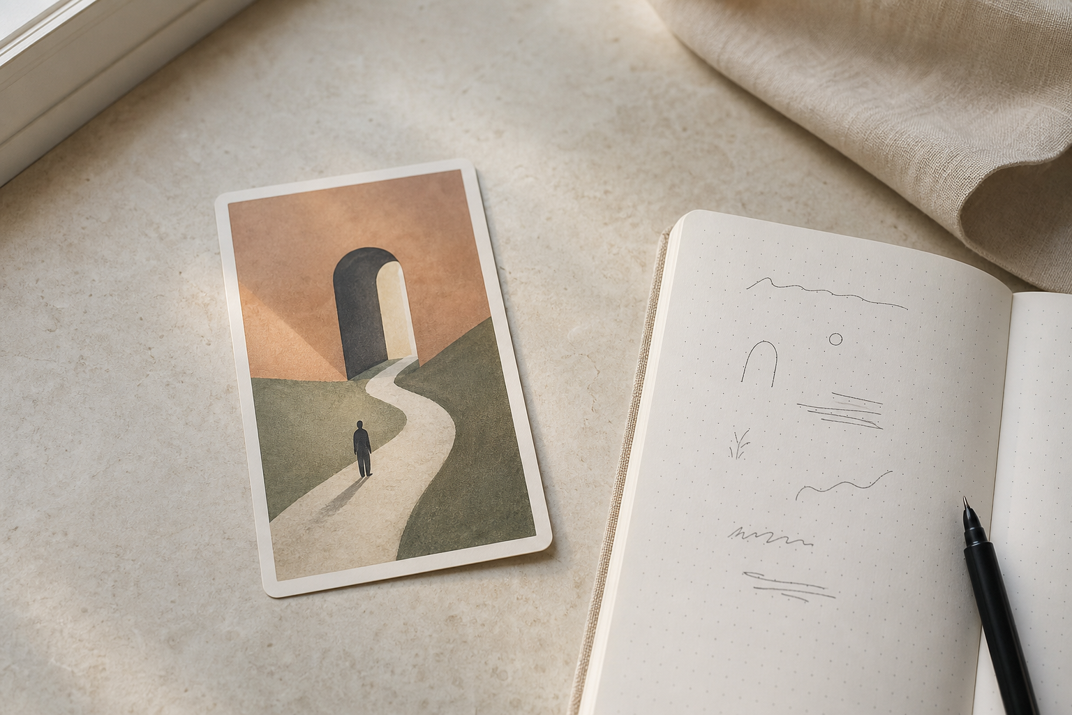 One symbolic tarot card beside an open journal and black pen on pale wood in warm natural light.