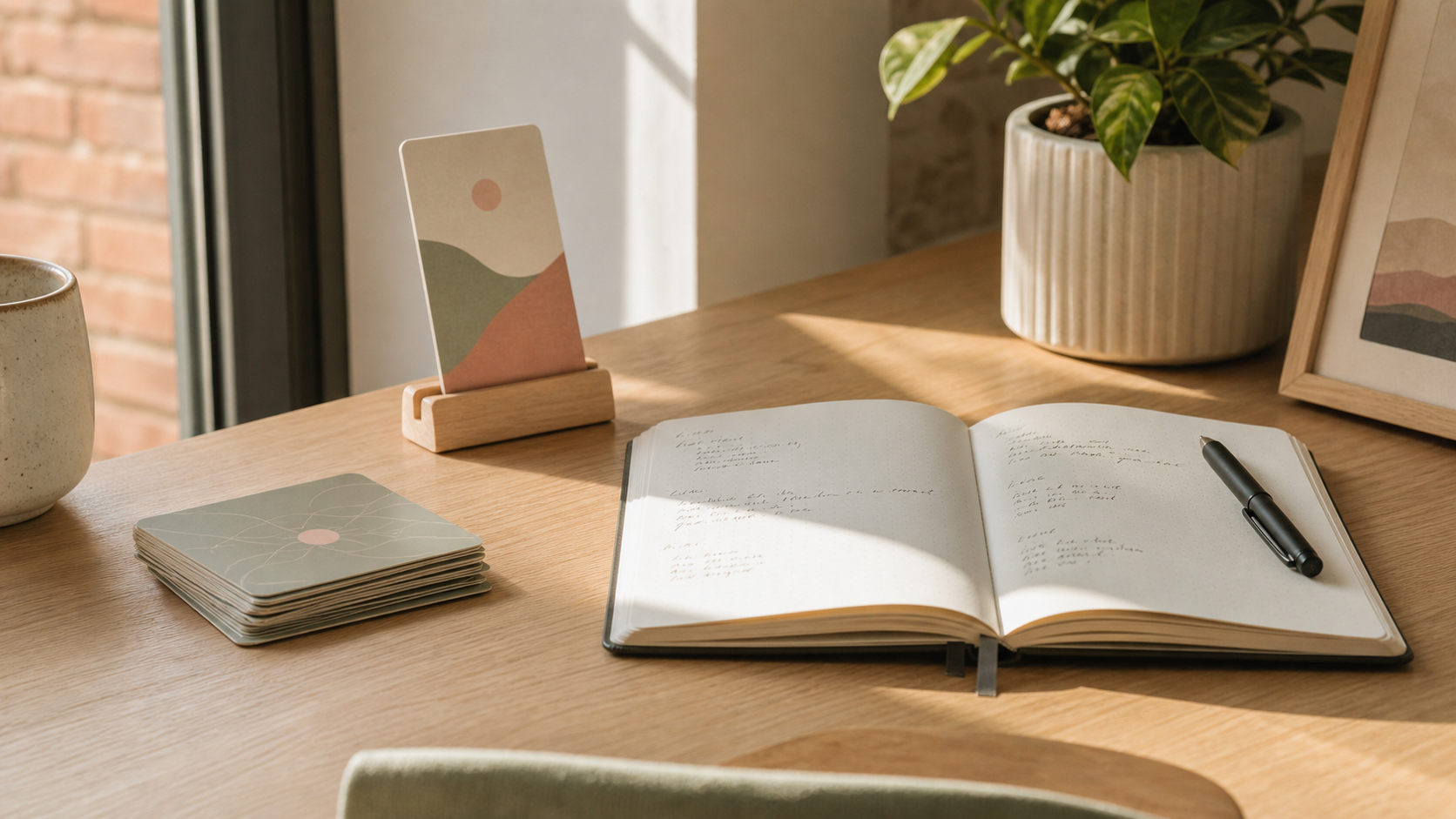 An open tarot journal with short handwritten notes, a black pen, and a small stack of symbolic cards in soft afternoon light.