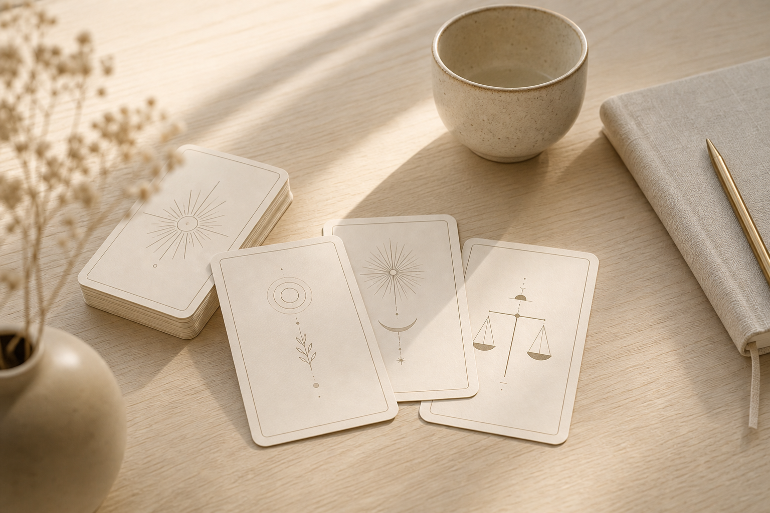 Minimal cream symbolic cards, linen notebook, ceramic cup, and pale wood table in morning light.