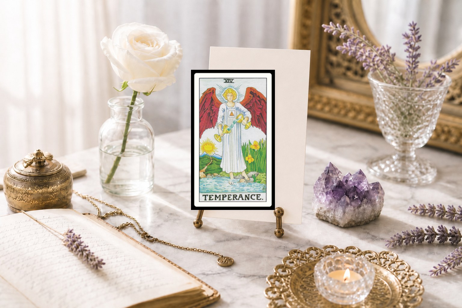 The Temperance tarot card upright on a brass stand on white marble, with a white rose, amethyst, lavender, open journal, and a lit tea light.