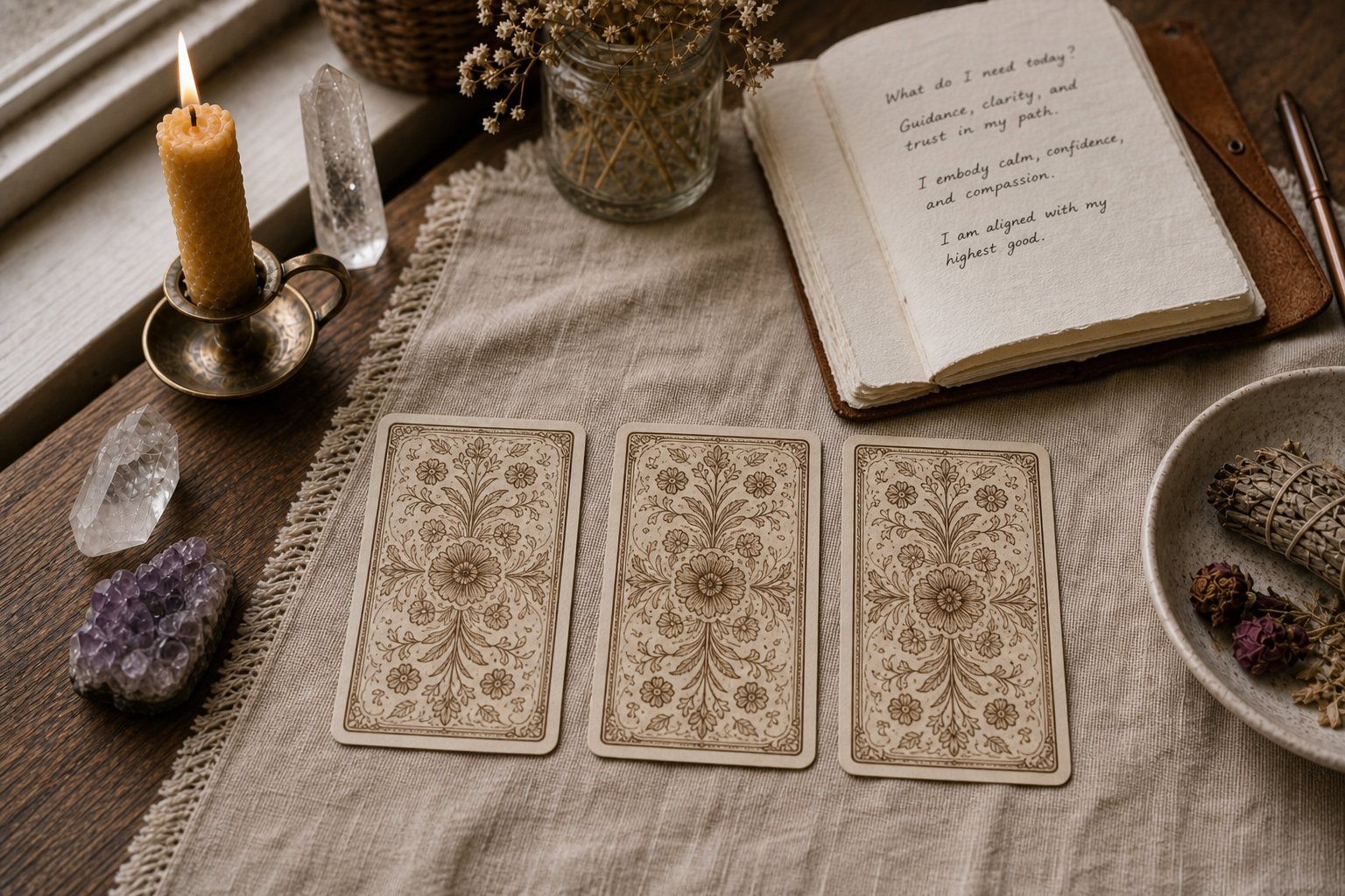 Three facedown tarot cards in a row on a linen desk beside an open practice notebook.