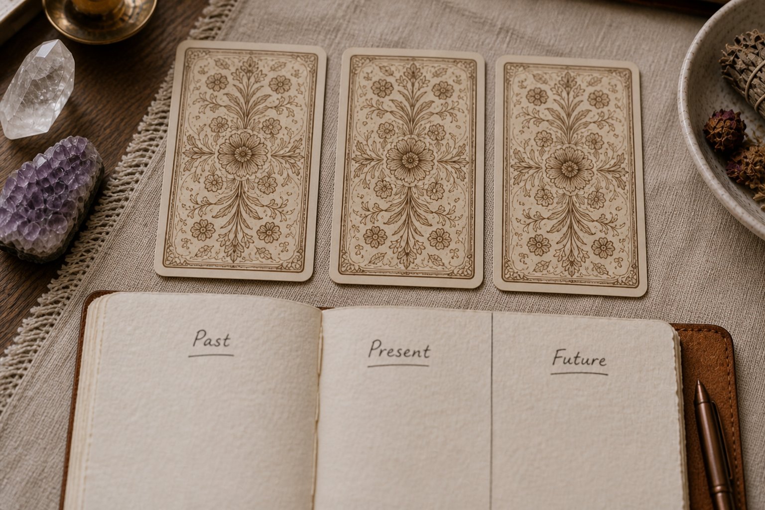 Close view of a three-card spread layout with handwritten position notes in a notebook.