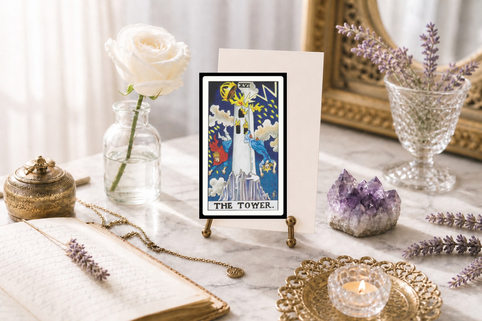 The Tower tarot card upright on a brass stand on white marble, with a white rose, amethyst, lavender, open journal, and a lit tea light.
