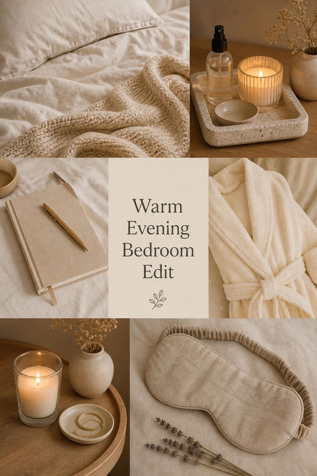 Warm bedroom evening ritual moodboard with ivory bedding, robe, candle glow, tray, journal, and soft sleep mask.