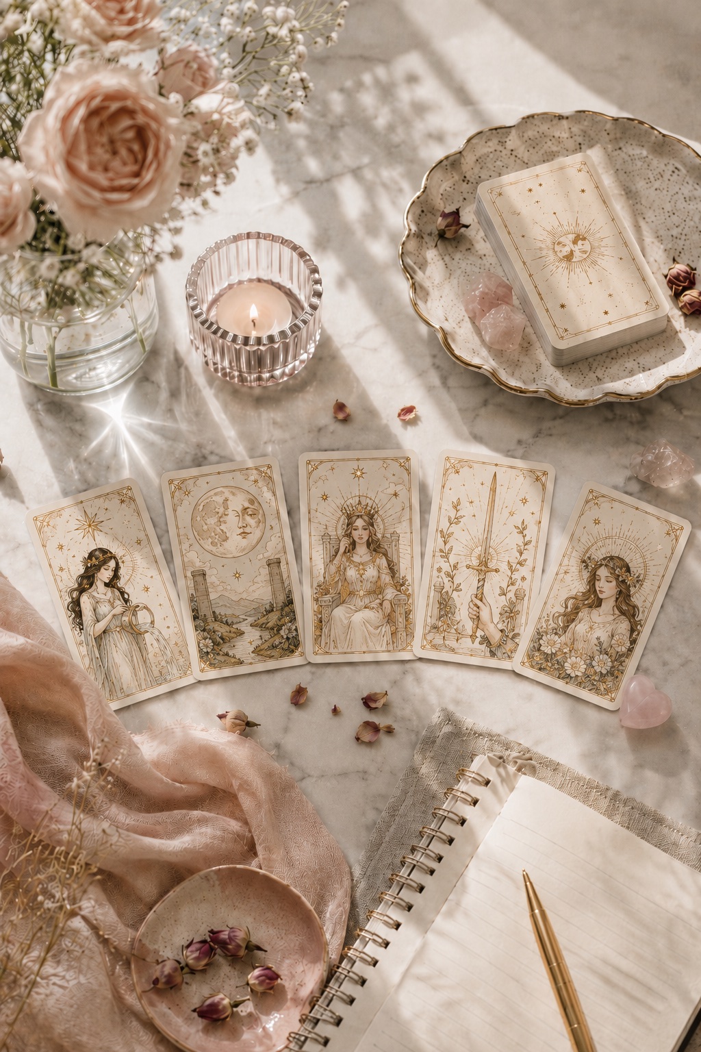 A soft love tarot flat lay with cards, roses, candlelight, rose quartz, and an open journal.