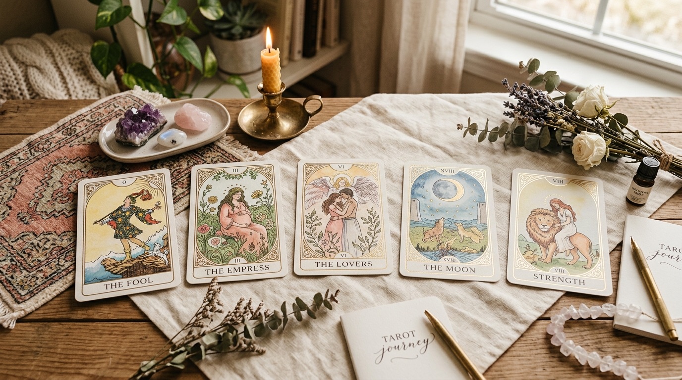 Five tarot cards arranged beside two tarot journals, candlelight, flowers, and crystals.