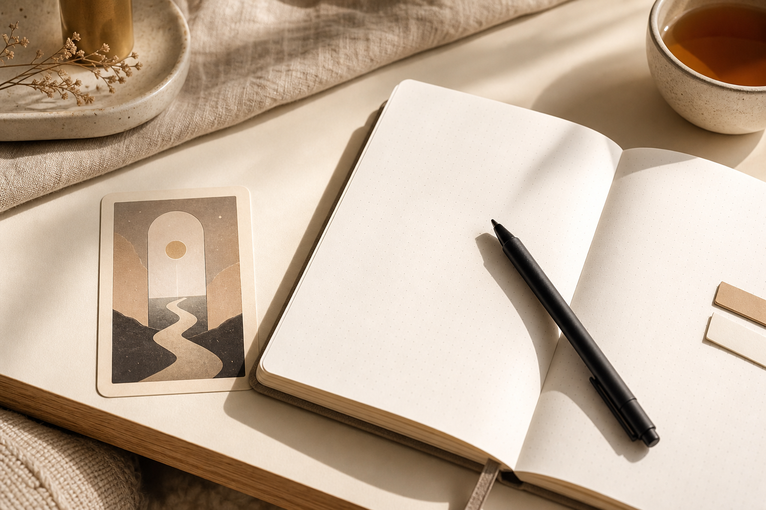 A generic symbolic card beside an open dotted journal and black pen on a warm cream desk.