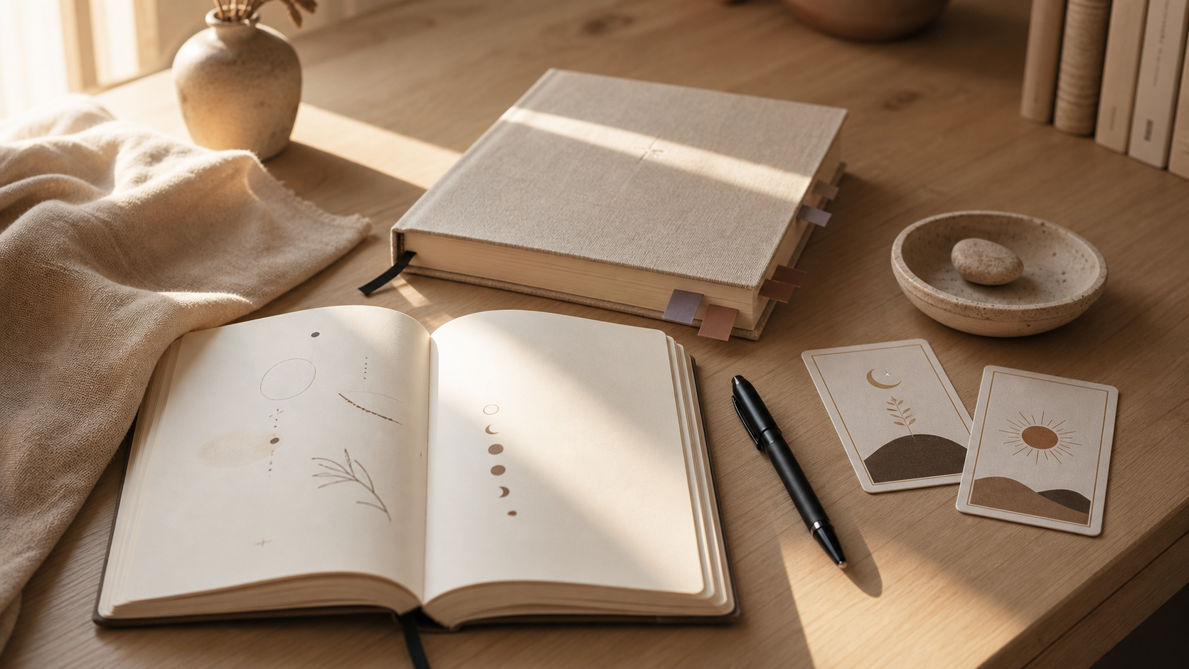 A warm desk with an open journal, subtle page flags, generic symbolic cards, a black pen, and a small ceramic dish.