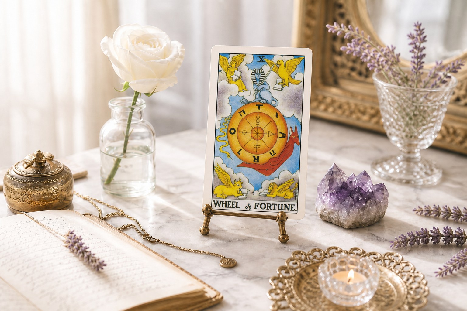 The Wheel of Fortune tarot card upright on a brass stand on white marble, with a white rose, amethyst, lavender, open journal, and a lit tea light.