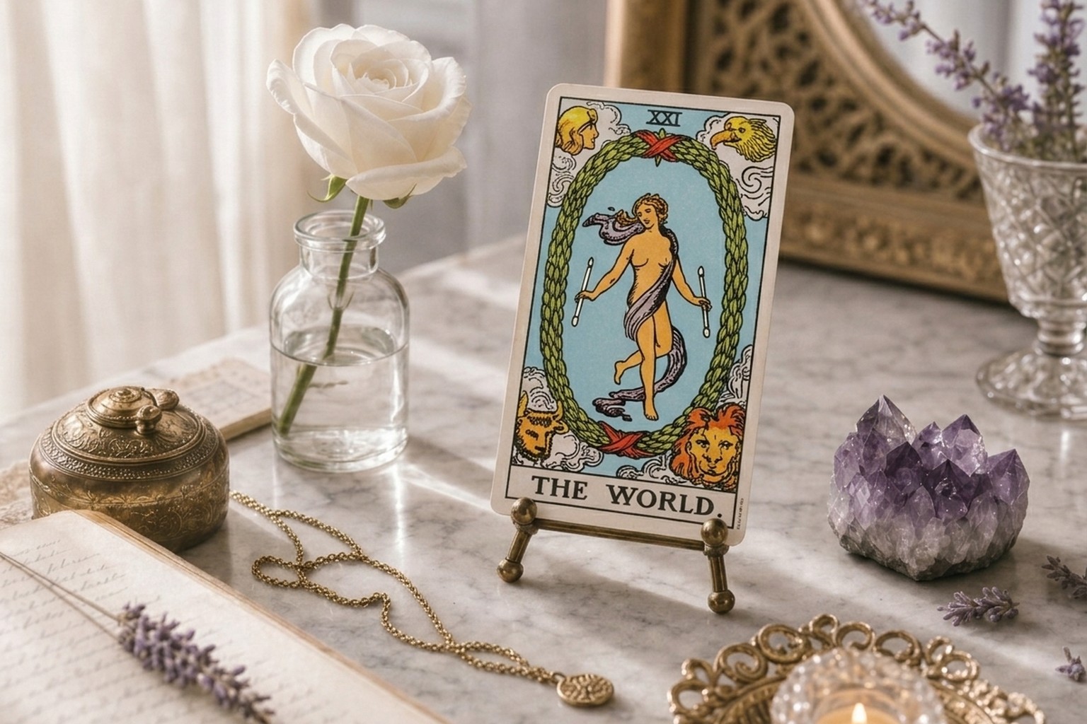 The World tarot card upright on a brass stand on white marble, with a white rose, amethyst, lavender, open journal, and a lit tea light.