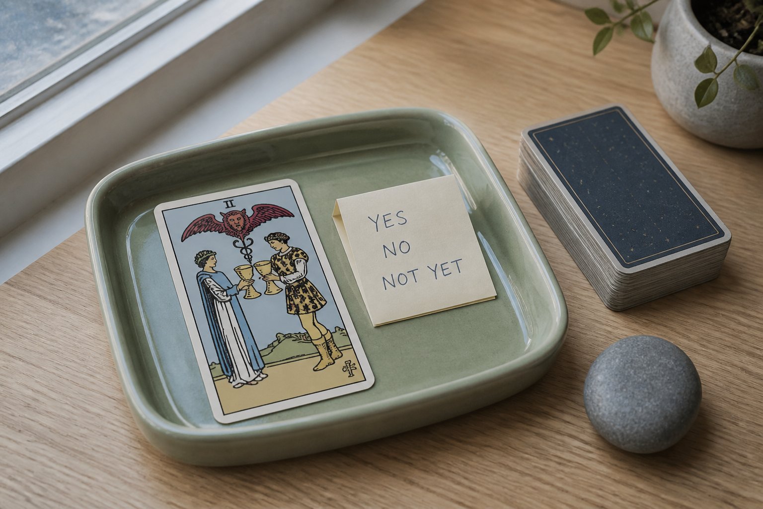 A single tarot card on a pale desk beside a small handwritten yes / no / not-yet note.