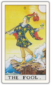The Fool tarot card: a youth walks toward a cliff edge with a white rose, a small pack, and a dog at their heels.