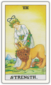 The Strength Tarot Card Meaning card face.