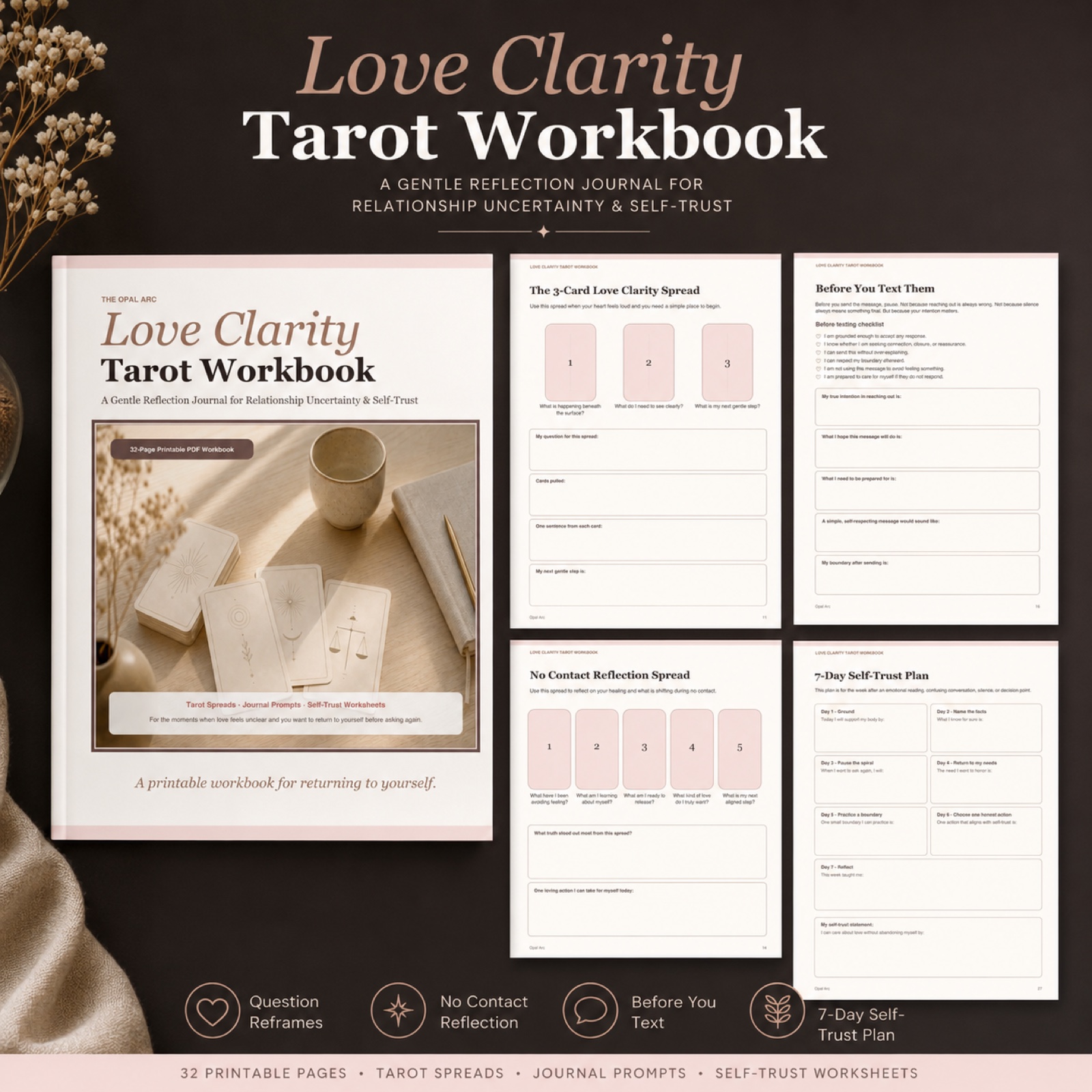 Love Clarity Tarot Workbook overview with cover and sample printable pages.